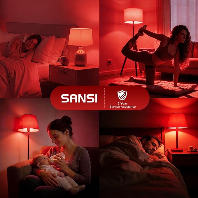SANSI 670nm Red Light Bulb for Sleep Therapy with Remote Timer, Dimmable, Zero Blue Light for Melatonin Promoting, Dual Mode Natural Sleep Aid & 3000K Reading Light, 25W A21 E26 Red Light for Bedroom