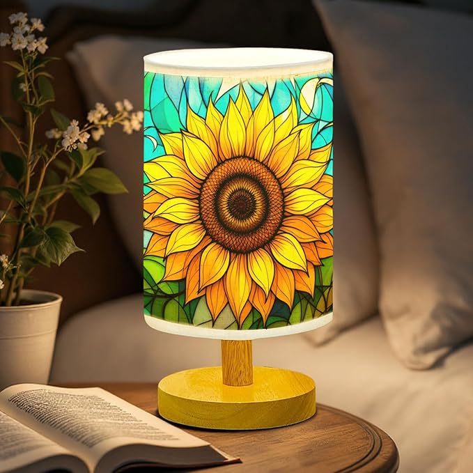 Sunflower Table Lamp LED 3-Color Pressed Bedside, Sunflower Shade Lamp with Wood Base for Bedroom Living Room Desk Office TL01