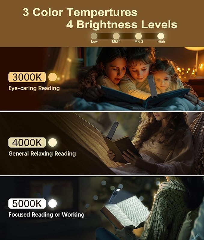 VTIGER Reading Light, USB Rechargeable Book Light for Reading in Bed,Foldable Clip-on LED Booklight, 3 Amber Colors & 4 Brightness Dimmable,Long Lasting Portable Bookmark Lamp for Book Lovers, Kids