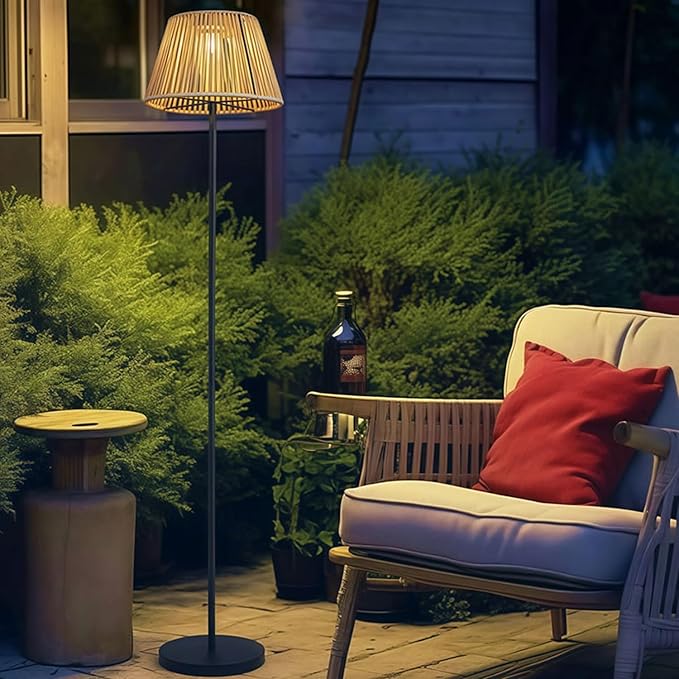 Rattan Shade Outdoor Floor Lamp,Solar Powered Wicker Standing Lamp,Waterproof Cordless Outdoor Patio Light, Modern Floor Light for Garden Yard and Porch