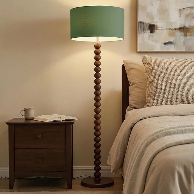 Buruis 61" Beaded Wood Floor Lamp with 17.2" Large Linen Shade, UL Listed, Retro Mid-Century Accent Walnut Finish Standing Lamp for Living Room, Bedroom, Office, Corner, Green