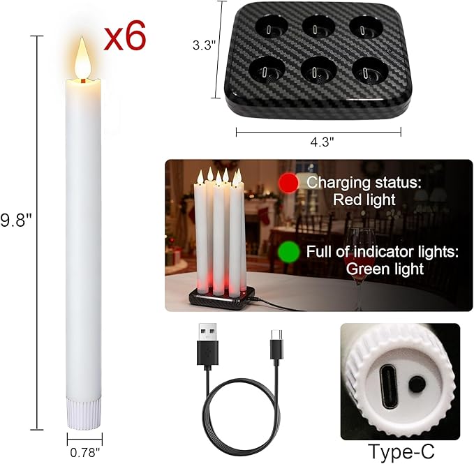 GenSwin Rechargeable Flameless Taper Candles with Charging Base, 6 Pack White LED Taper Candles Battery Operated with 2 Remote Timer, Real Wax Flameless Candlesticks for Holiday Christmas Home Decor