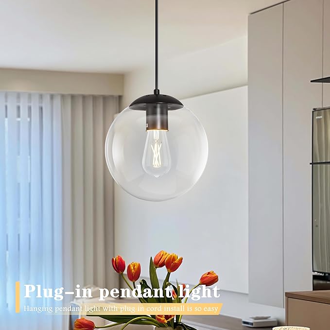 KoKo&Yukina 10" Globe Pendant Light Black Plug in Pendant Light Adjustable Hanging Lights with Plug in Cord Matte Black Finished with Clear Glass Lampshade for Bedroom Kitchen Island（Bulb Included）