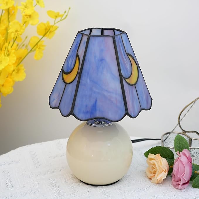 Mushroom Lamp Tiffany Lamp Stained Glass Table Lamp Moon Cute Small Bedside Lamps for Living Room Home Decor,Unique Aesthetic Home Living Room Decor Girls Women Birthday Day Gift,Pink Blue