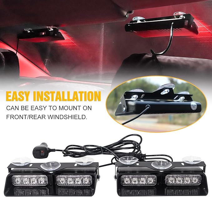 XRIDONSEN 2 in 1 Red Emergency Dash Lights Warning Safety Flashing Interior Windshield Strobe Lights w/Suction Cups for Volunteer Firefighter Vehicles Trucks (2×7.16 inch, 16 LED)