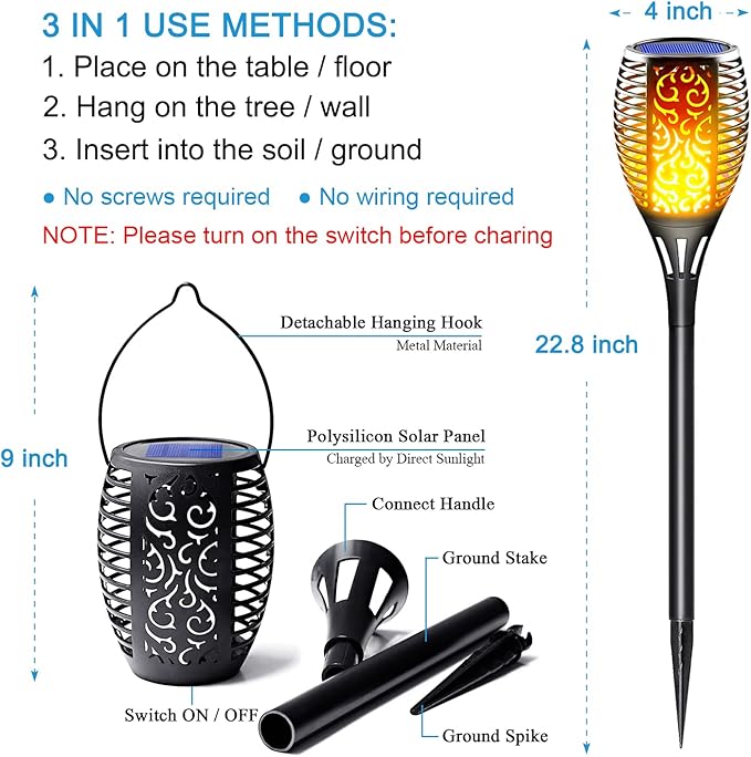 Solar Tiki Torches Outdoor Flickering Flame 4 Pack - Realistic Flaming Fire Effect Torch Lights, 3-in-1 Waterproof Detachable Hanging Lantern - Auto On/Off for Patio, Yard, Pathway Decor