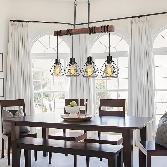 4-Light Modern Farmhouse Chandelier for Dining Room - Black Metal & Rustic Wood Kitchen Island Lighting with Adjustable Height, 29.5" Linear Pendant Light Fixture with Diamond Shades, UL Listed