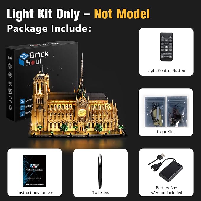 BrickSoul Advanced RC Light Kit for Lego 21061 Architecture Notre-Dame de Paris Building Set | Upgraded Wireless ON/Off & Dimming & Zonal Lighting with Hidden Cable Tech (21061 Set NOT Included)