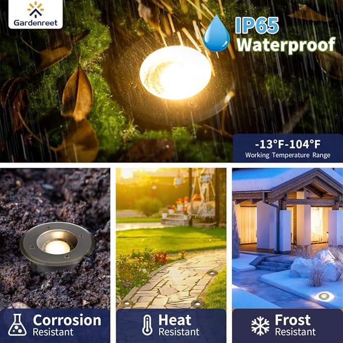 Gardenreet Outdoor Low Voltage Well Lights - Brass Replaceable Bulb Electric 12V In-Ground Lighting, Low Voltage LED Fixture, Antique Bronze for Patio Backyard House with 2700K Warm White MR16 Bulb