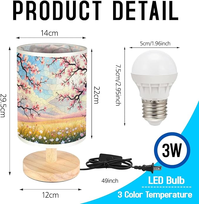 Cherry Blossom Field in Full Bloom Table Lamp LED 3-Color Pressed Bedside, Cherry Blossom Field in Full Bloom Shade Lamp with Wood Base for Bedroom Living Room Desk Office TL01