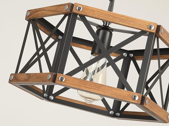 Rustic Farmhouse Plug in Pendant Light Fixture with Adjustable Chain, Dimmable Switch, 14.5 inch Industrial Oak Wood and Metal Cage Hanging Lamp for Kitchen Island Dining Room Farmhouse, Black