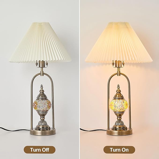 beaysyty Vintage Mosaic Table Lamp Set of 2, 25.2 Inch Decorative Bedside Lamps with Pleated Shade, USB Charging Ports, Colored Glass Globe Night Light, Bronze Gold Finish and Beige Lampshade