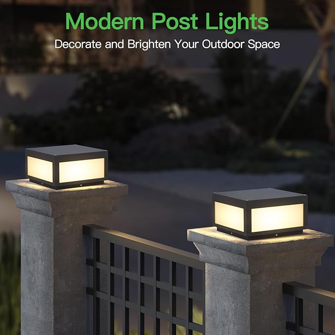 Outdoor Modern Post Light,11.8" Square Column Lamp LED Fence Post Caps Lights High Voltage Wired 3000K Luxury LED Lighting Outside with Waterproof E26 Bulb for Patio Deck Garden Decoration