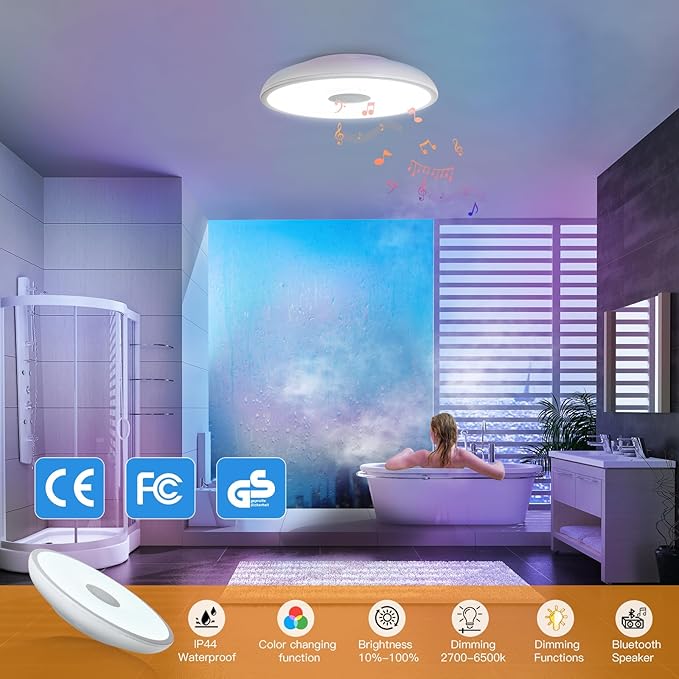 Smart Waterproof LED Flush Mount Ceiling Light Fixture,with Bluetooth Speaker,11 Inch,18 watt,Dimmable Music Lamp,RGB Color Changing Light with Remote Control,for Bathroom,Shower,Bedroom