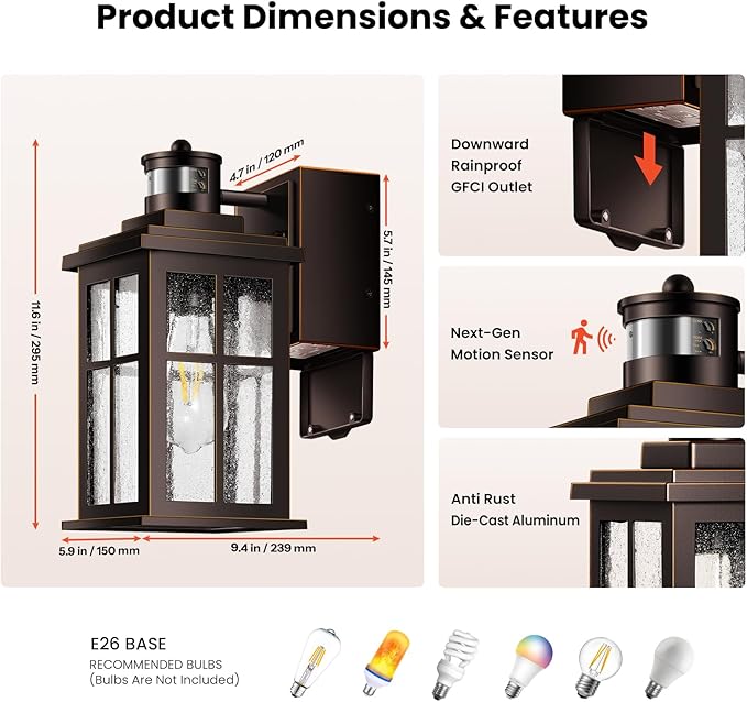 Gleamz Motion Sensor Outdoor Sconce Lights with GFCI Outlet, Farmhouse Oil Rubbed Bronze Gold Trim Dusk to Dawn Exterior Lighting Fixtures Wall Mount for House, Anti-Rust Front Porch Light for Garage