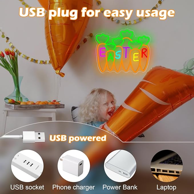 Carrots Neon Sign Easter Neon Light for Bedroom Office Dimmable Happy Easter LED Sign Festive Neon Wall Decor for Garden Kidsroom Carrot Window Lights