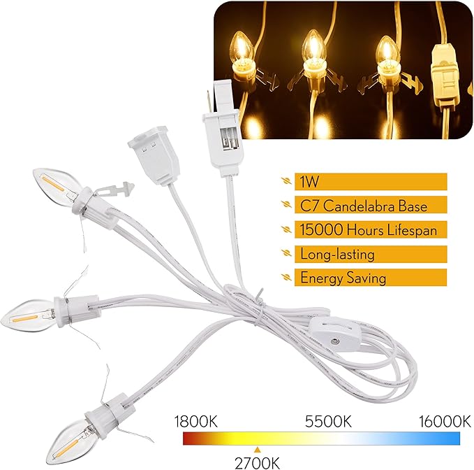 Meonum Accessory Cord with 3 LED Light Bulbs, 8.2 Ft Indoor Blow Mold Light Cord with Female Plug for Halloween Pumpkins Christmas Village Houses and Craft Projects Decoration, Warm White (6 Pack)