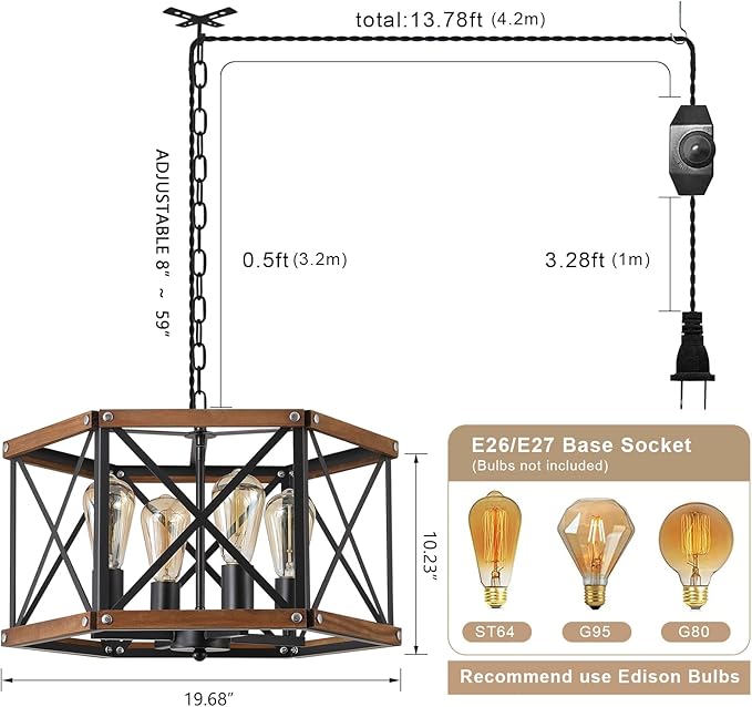 4-Light Large Rustic Farmhouse Plug in Pendant Light Fixture with Adjustable Chain, Dimmable Switch, 20 inch Oak Wood and Metal Cage Hanging Lamp for Dining Room Living Room Farmhouse Entry, Black