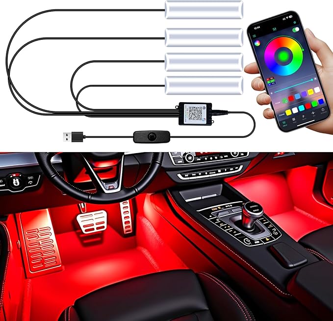 Car LED Lights Interior, RGB Under Dash Foot Well Lighting Kit with DIY Mode, Mult-Color Light for Car with APP Control and Button Control, Music Sync USB 5V DC