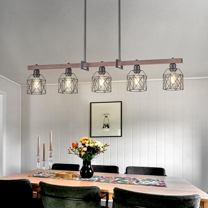 5-Light Modern Farmhouse Island Lighting, Adjustable Height Rustic Chandelier with Walnut Metal Frame & Matte Black Geometric Shade, E26 Base Hanging Light for Dining Room Over Table