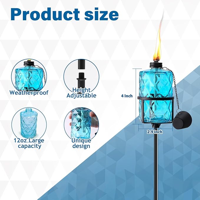4 Pack Blue Glass Garden Torch 12 oz Outdoor Torch Garden Décor,60-Inch Upgraded Citronella Torches with 3-Prong Grounded Stake for Party Patio Pathway