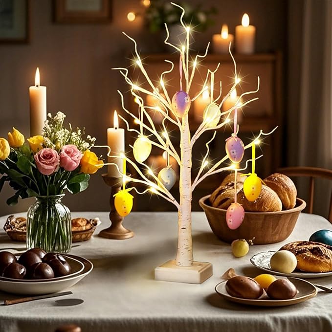 Easter Tree Lamp Lighted up Easter Decorations for Tabletop, Artifical Mini Birch Tree Bonsai Decor for Bedroom Bedside Fireplace Aesthetic,Battery and USB Dual Powered(Includes 8 Easter Eggs),23.6''