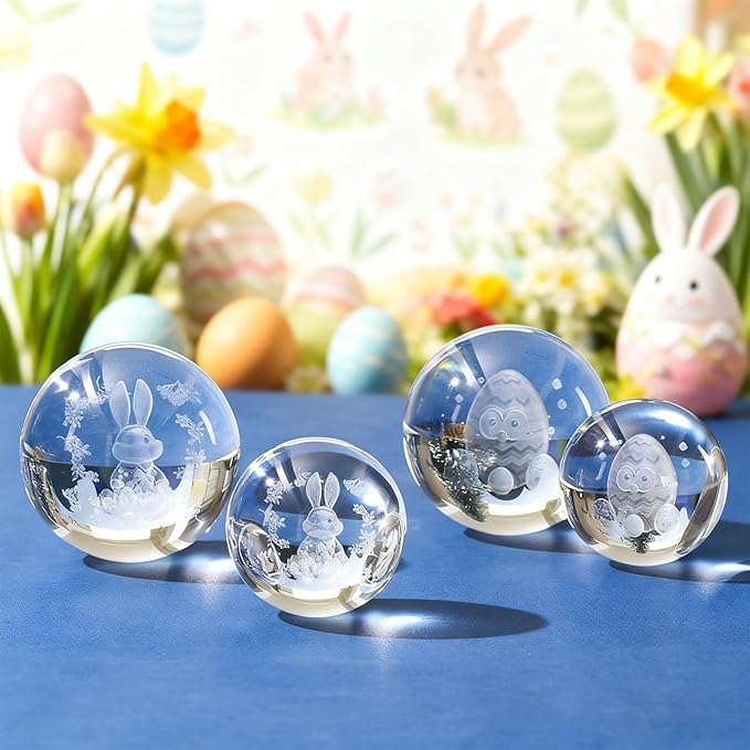 Easter Light up Bunny 3D Crystal Ball 60MM Rabbit Decor Sphere Figurine Collectibles Glass Art Animal Night Light for Kids