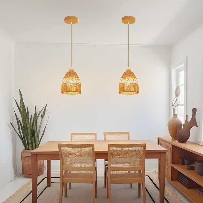 2 Pack Boho Rattan Pendant Light Kitchen Island,Farmhouse Chandeliers Adjustable Height Hanging lamp for Dining Room,Kitchen Ceiling Lights Fixtures with Hand Woven Wicker Lampshade Lighting