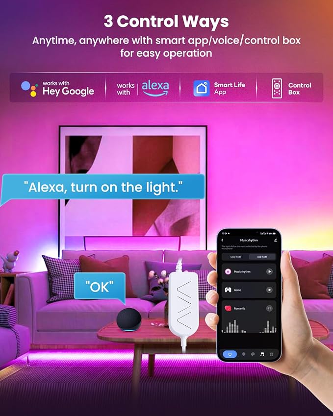 26.25ft RGB+IC LED Strip Lights for 75-100 Inch TV, Backlight Behind TV with Music Sync, Bluetooth APP & Voice Control, 44 Scene Modes, Ambient Lighting for Gaming, Bedroom, Living Room, Mood Lighting