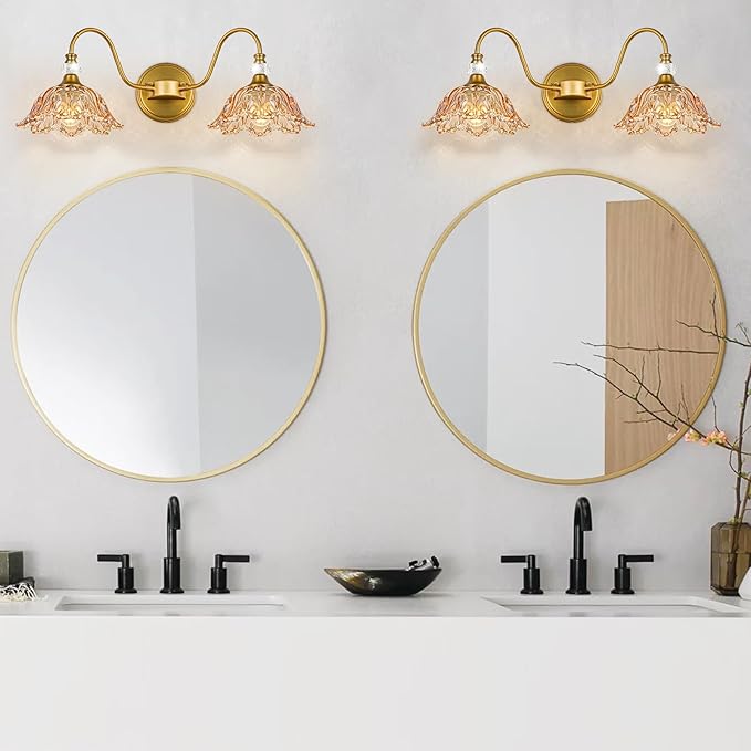 Vintage Bathroom Vanity Light, 2-Light Matte Brass Finish Vanity Light with Floral Amber Glass Shades, Retro Wall Sconce for Bathroom, Dressing Table