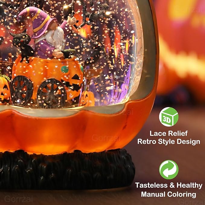 Halloween Snow Globe Lantern with Pumpkin Halloween Decorations Indoor for Home, Lighted Halloween Decor with Black Cat Gnome Timer Swirling Glitter, USB or Battery Operated
