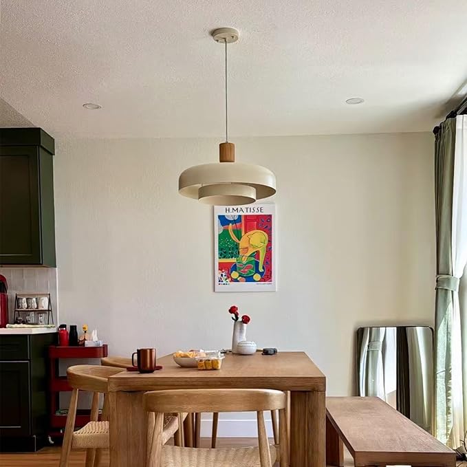 Modern Large Pendant Light 19.68 inch, 2 Tiers Soft Cream Shades, Natural Wood and Brass Accent, Mid Century Chandelier for Dining Room, Living Room