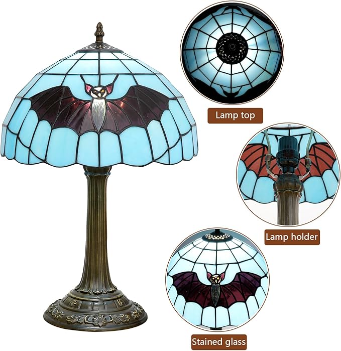 Tiffany Lamp Stained Glass Lamp 12 Inch Tiffany Style Blue Background With Black Bats Bedside Lamp Classical Art Decor Bedroom Living Room Dining Dormitory Table Vintage Home Decor The Ideal Gift