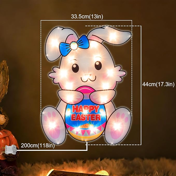 17" 20LED Lighted Bunny Easter Decor, Soft Warm Glow for Window, 120V Plug-in, UL Certified, Pretty Gift Box Packed