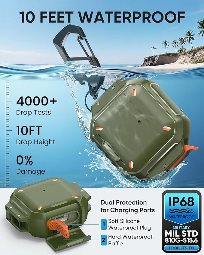 MoKo for AirPods 4th Case with Lock - IP68 Waterproof & Military-Grade Protection, Drop-Proof Hard Shell Protective Earpods 4 Cover with Keychain, Cleaner Kit & Phone Stand, Army Green