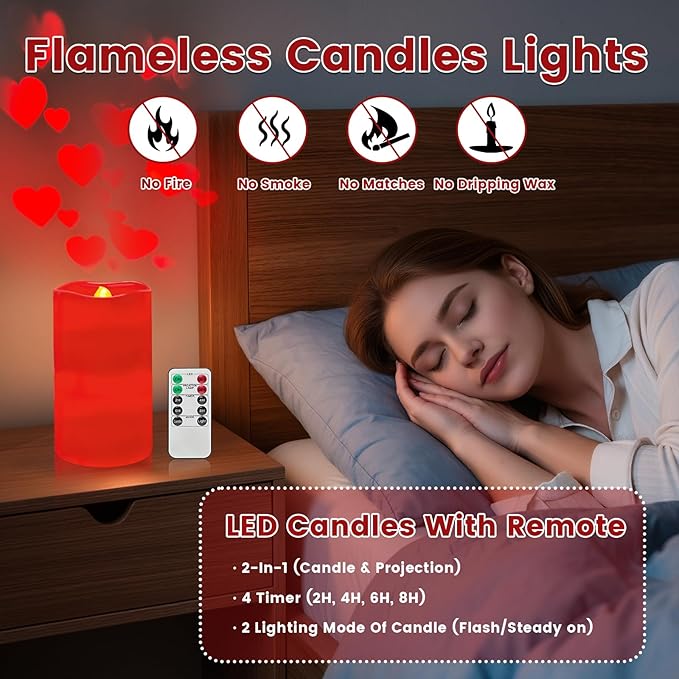 Flameless Candle Heart Projector Light,Valentines Day Decorations Candles Lamp with Romantic Red Heart Projector Lights, LED Candle with Remote and Timer for Girl Women Mom (Red - Heart)