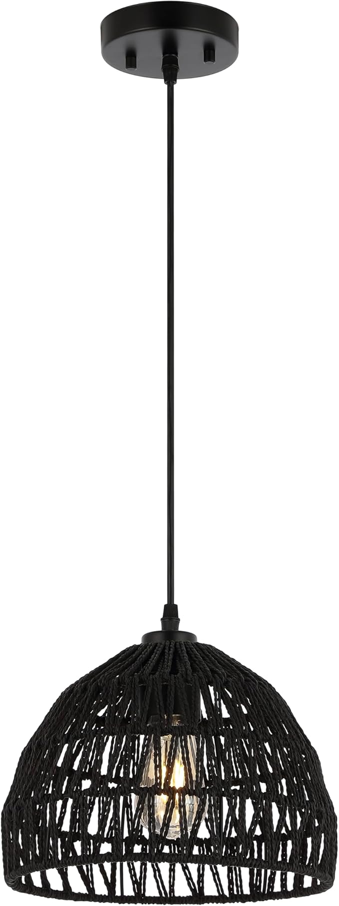 JONATHAN Y 10.25" Black Modern Bohemian Woven Rope LED Pendant Light Fixture, Adjustable Dome Ceiling Lamp for Kitchen Island, Rope Shade, Coastal Farmhouse Decor (JYL6513B)