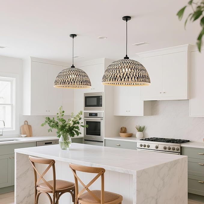 Bamboo Pendant Light Fixture, 9.84 inch One-Light Adjustable Boho Handmade Woven Pendant Lighting for Kitchen Island Dining Room Living Room (Medium)