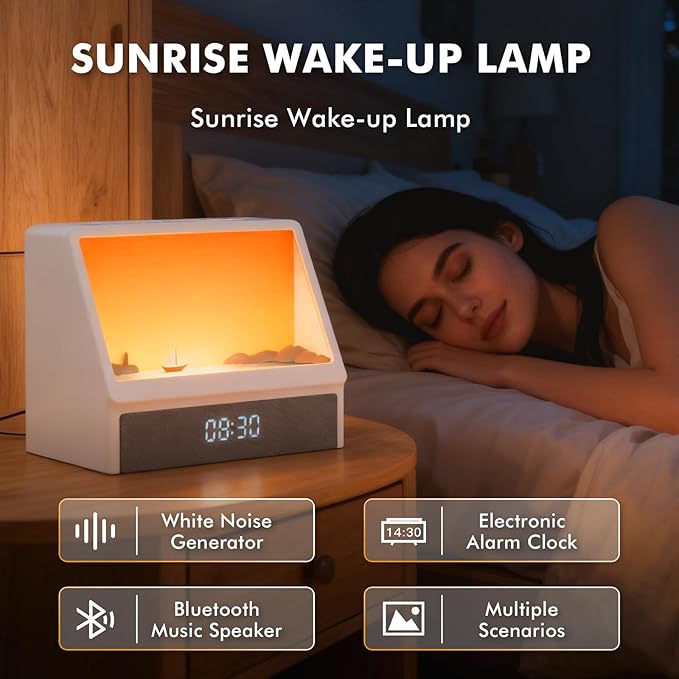 Sunrise Alarm Clock, White Noise Machine Lamp, Wake Up Light with 12 Sounds, Sleep Aid,Dimmable Clock for Adults Kids Bedroom,Bluetooth Speaker