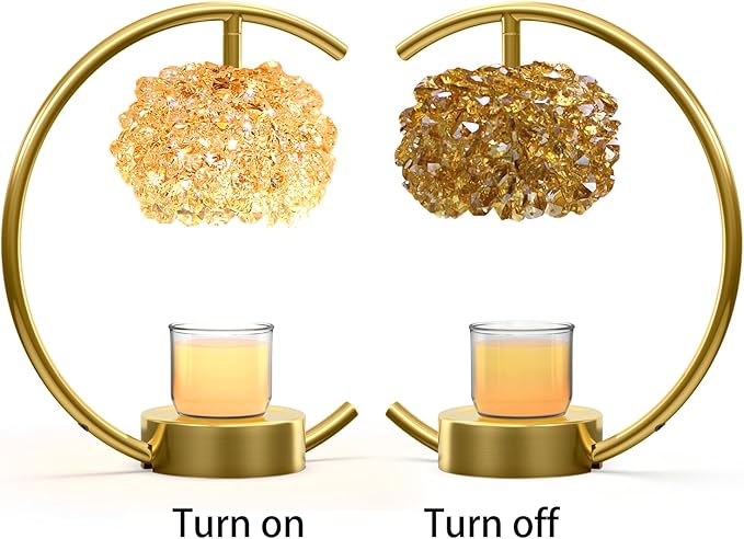 Bronze Candle Warmer Lamp for Jar Candles with Adjustable Brightness＆Timer，Handcrafted Crystal＆Wooden Base,Candle Lamp Luxurious Design+2Bulbs,Home Decoration Electric Candle lamp(C-Shaped)