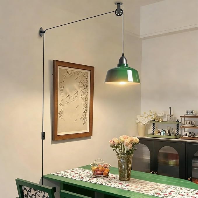 Plug in Pendant Light, Green Farmhouse Hanging Lights with Plug in Cord, Pulley Hanging Lamp, Industrial Pendant Lights Fixture for Kitchen Island, Bedroom, Dining Room, Living Room, Office