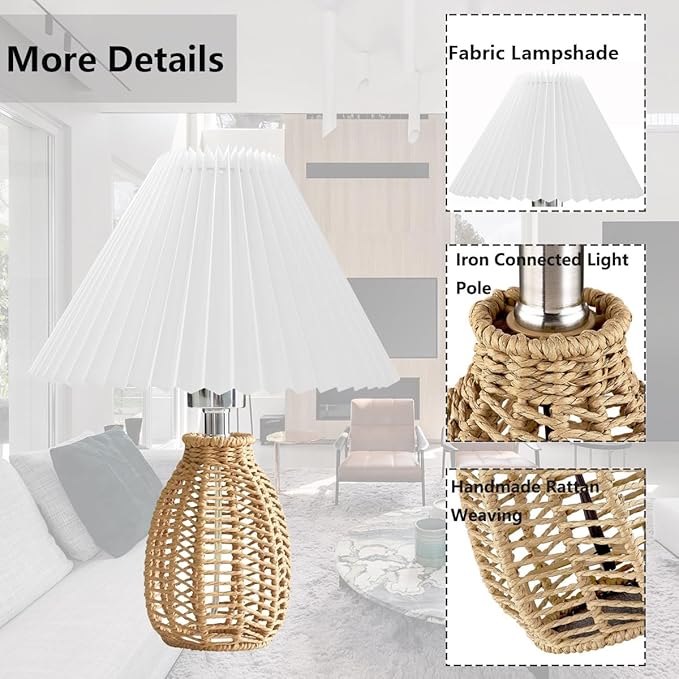 Pleated Table Lamp Wicker Woven Rattan Night Light, Modern Bedside Nightstand Lamp with White Scalloped Lampshade Rattan Metal Base, Desk Light for Bedroom Living Room Home Office Decor