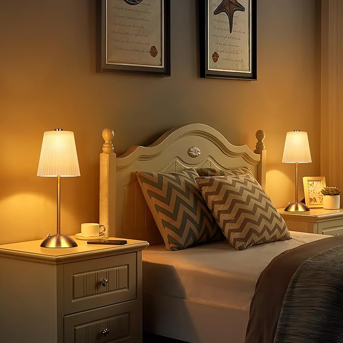 FRIDEKO HOME Rechargeable Table Lamp Gold - Cordless Battery Operated Lamp, Fabric Shade Desk Lamp, Wireless Lamp for Decor Bedroom Dining Table Counter (1pcs-Hard Fabric-LED-11.65in)