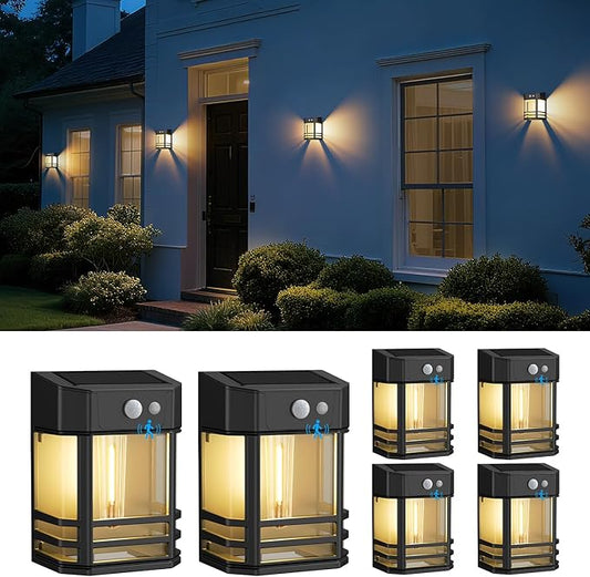 btfarm 6 Pack Solar Wall Lights Outdoor,3 Modes Motion Sensor Lights Dusk to Dawn, IP65 Waterproof Porch Light Solar Powered, 1200mAh Wireless Wall Mount Sconces for Outside Patio, Garage, Yard