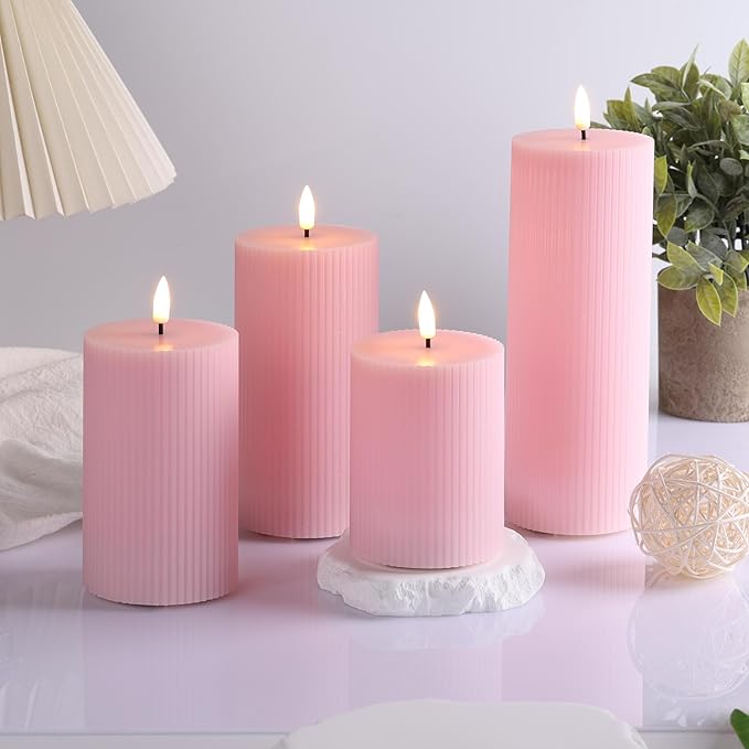 Pink Ribbed Flameless Pillar Candles with Remote, Flat Top Flickering LED Wax Battery Candles Set of 4, Φ 3" H 4" 5" 6" 8"