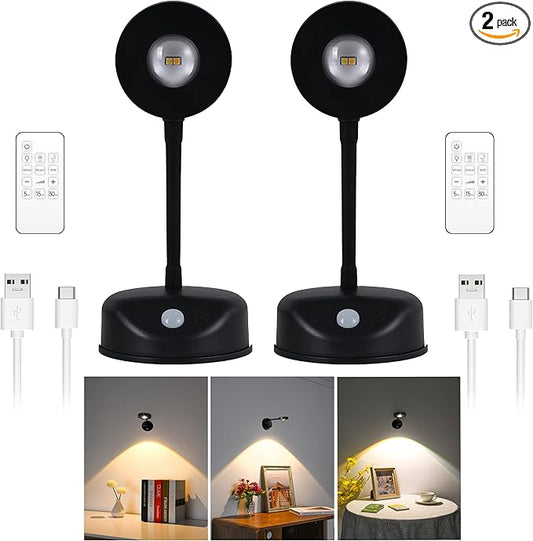2200mAh Motion Sensor Picture Light, Spotlight Painting, LED Wall Sconce, Night Light Lamp, Rechargeable Battery Operated 3 Color & Dimmable Magnetic 360° Rotation with Remote (Black, 2 Pcs)