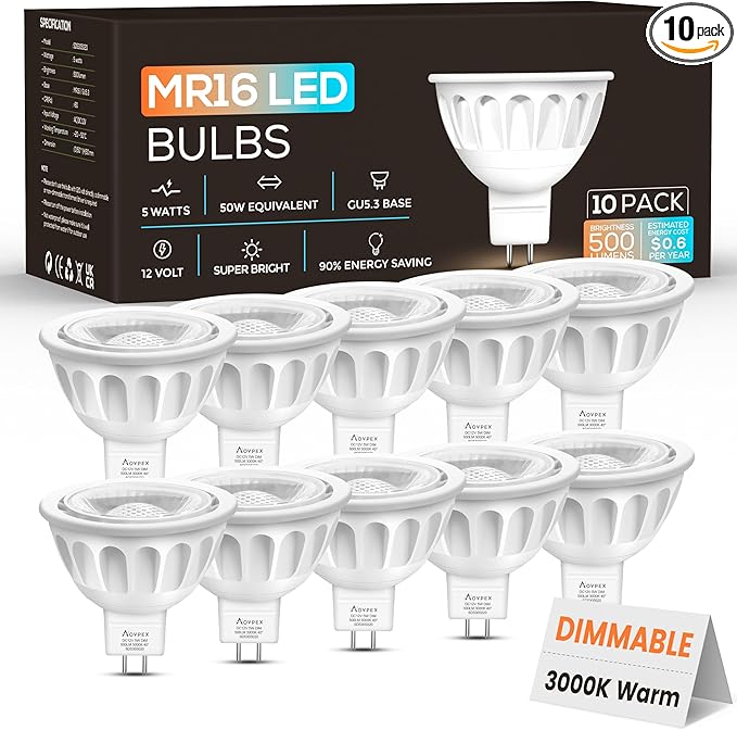 10 Pack Dimmable MR16 LED Bulbs, 12V 5W(50-Watt Equivalent), 3000K Warm White, GU5.3 Bi-Pin Base, 40-Degree, Indoor/Outdoor Landscape Spotlight Track Recessed Lighting