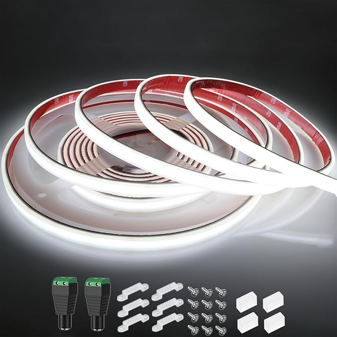 COB LED Strip Lights Waterproof IP67 White 6000K DC12V 16.4ft/5m 480LEDs/m CRI94 Dotless LED Rope Lights for Living Room Cabinets Outdoor DIY Lighting
