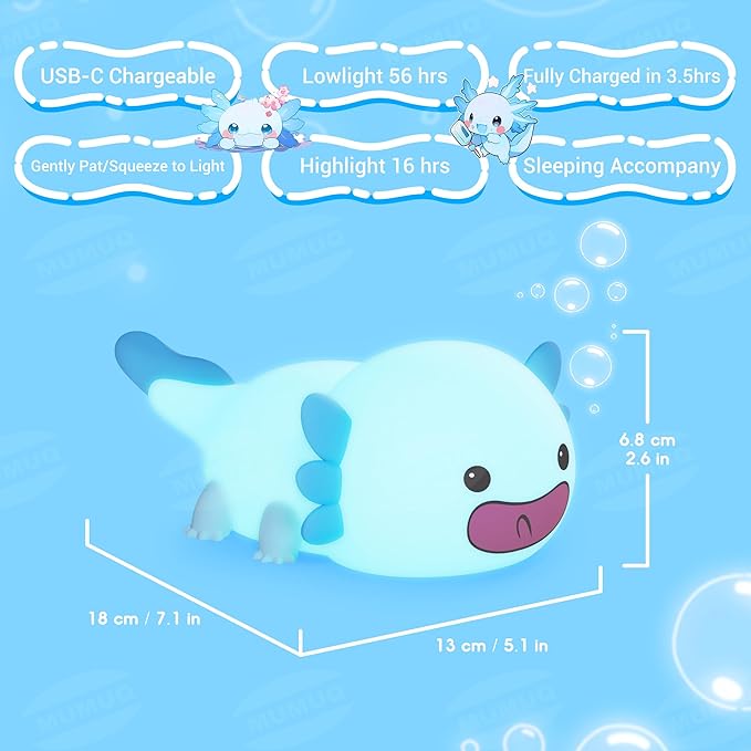 Axolotl Night Light, LED Cute Silicone Nursery Nightlight for Kids, Dimmable Squishy Night Light Rechargeable Touch Bedside Lamp with 20 Minutes Timer, Axolotl Gift, Funny Decor, Blue