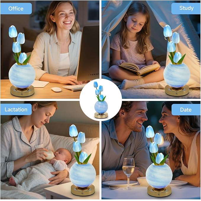 Tulip Table Lamp, Rechargeable Cordless Touch Dimming Artificial Tulip Flower Desk Lamp, LED Flower Bedside Night Light Romantic Gifts for Girl Women Mom (Blue)